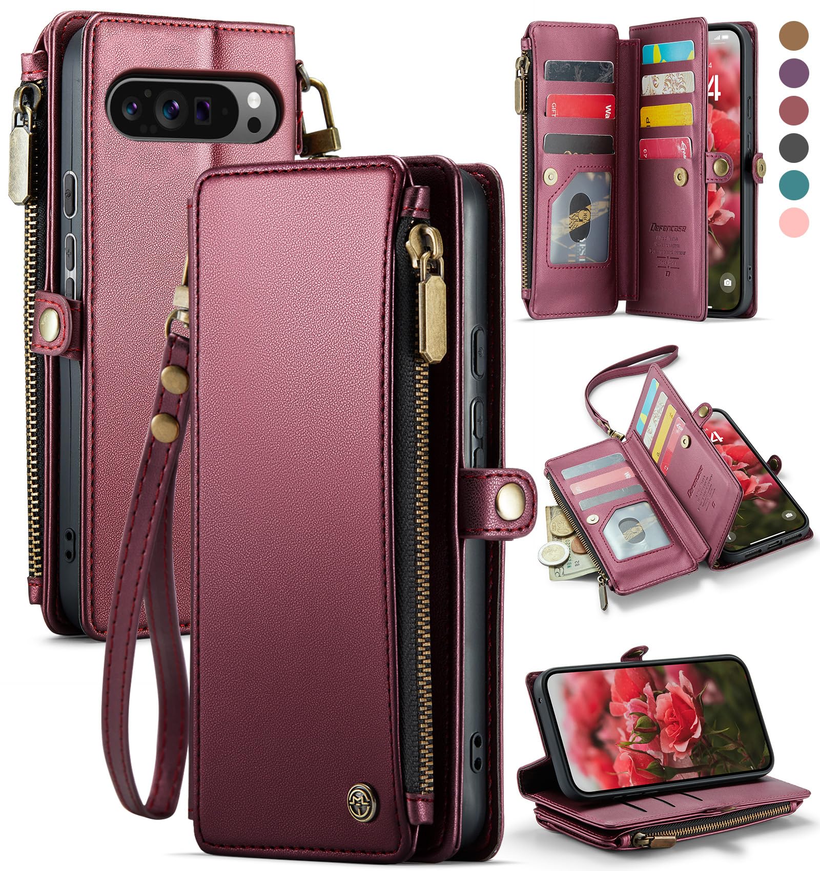 Defencase for Google Pixel 10 Pro XL Case, RFID Blocking Wallet Case for Pixel 10 Pro XL Soft PU Leather Magnetic Snap Flip Zipper Strap Card Holder Phone Cases for Women Men, Wine Red