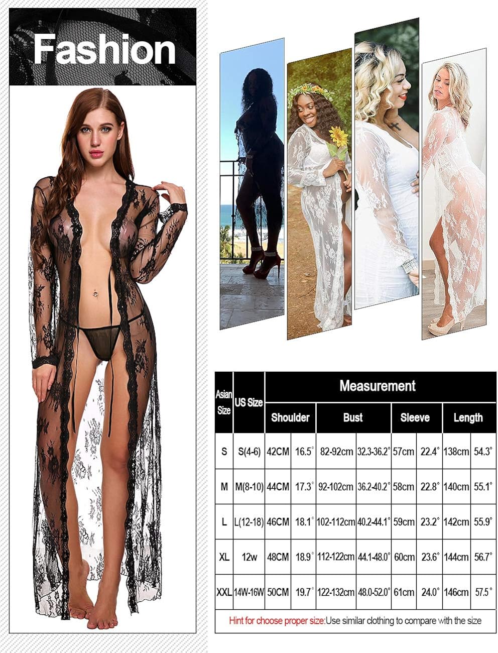 Lingerie for Women Sexy Long Lace Dress Sheer Gown See Through Kimono Robe: Clothing