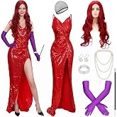 Xaatren 8 Pcs Women Rabbit Costume Set Red Sequin Dress Wig | Purple Gloves, Curly Red Wig with Cap, Pearl Necklace Bracelet Earrings, Halloween Rabbit Costume Prop Holder for Retro Party