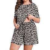 Lastshe Women Plus Size Pajama Sets Knit Soft 2 Piece Short Sleeve Shorts with Pockets Pjs Lounge Set Loungewear