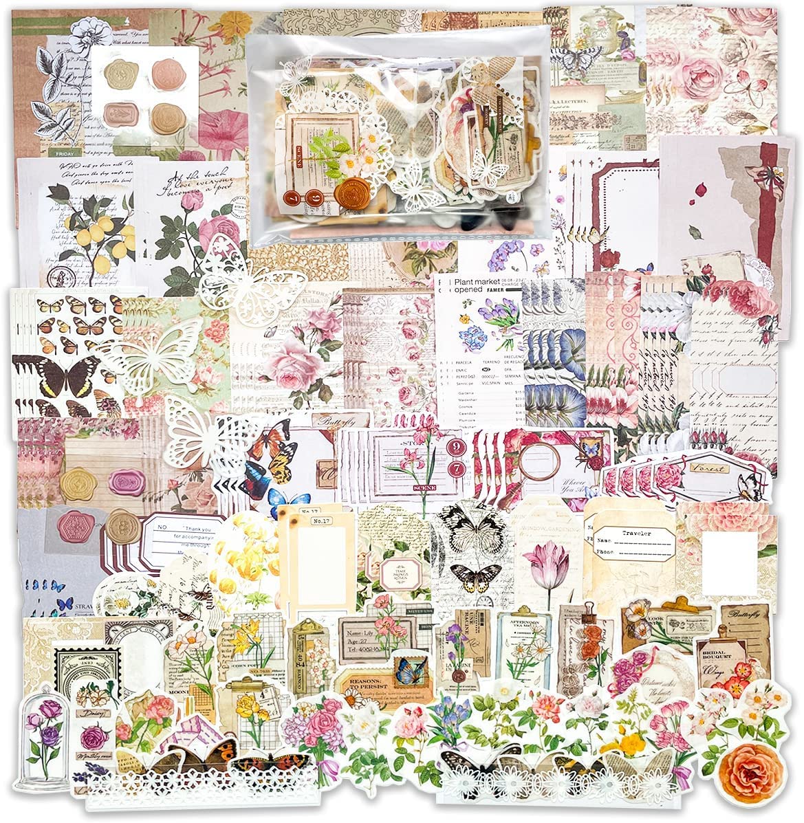 260pcs Vintage Scrapbooking Stickers Pack Vintage Stickers DIY Retro Journaling Supplies Stickers Kit Scrapbook Paper Accessories Stationery Study Washi Paper Sticker B