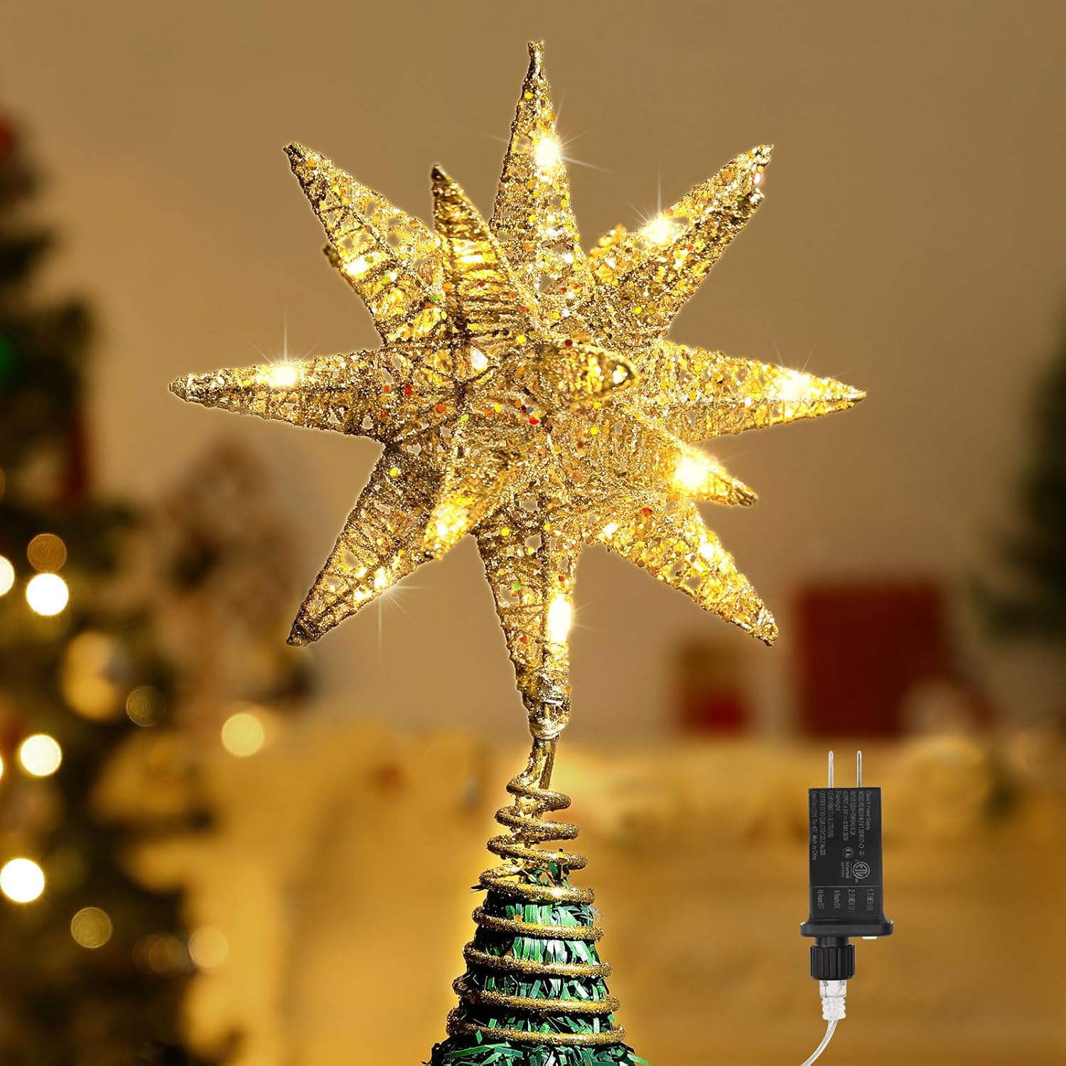 Tree Toppers - Lewondr Christmas Tree Topper, Plug in 3D Starburst Xmas Lighted Star Tree Topper, Remote Control & Timer Light Up Vintage Moravian Tree Topper for Christmas Decoraiton, Warm Light, Champagne Gold