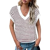 TITOMD Womens Short Sleeve Sweater 2026 V Neck Striped Pullover Cap Sleeve Oversize Knit Sweater Vest Tops