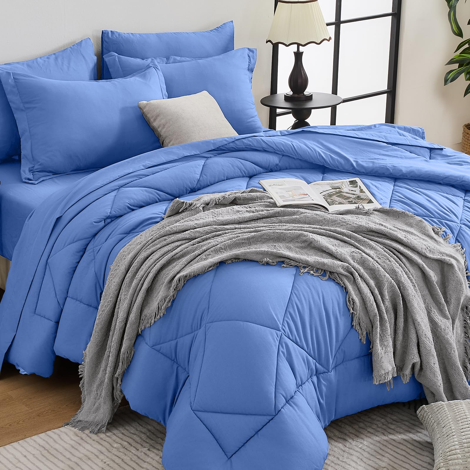 HEVUMYI Royal Blue King Comforter Set - 7-Piece All Season Bed in a Bag King, Ultra Soft Bedding Set with Comforter, Flat Sheet, Fitted Sheet, Pillowcases, Pillow Shams Image HEVUMYI Royal Blue King Comforter Set - 7-Piece All Season Bed in a Bag King, Ultra Soft Bedding Set with Comforter, Flat Sheet, Fitted Sheet, Pillowcases, Pillow Shams Image