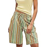 MISSACTIVER Women Stripe Bermuda Shorts Knee-Length Drawstring Elastic Waist Wide Leg Baggy Shorts with Pockets Green