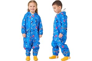 Kids Rain Suit, Toddler Raincoats One Piece Hoodie Cartoon Rain Gear Boys Waterproof Rainwear Coveralls