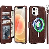 VANAVAGY Compatible for iPhone 12/12 Pro Wallet Case for Magsafe Wireless Charging, PU Leather Folio Flip Phone Cover with Wrist Strap RFID Blocking Card Holder Screen Protector,Brown