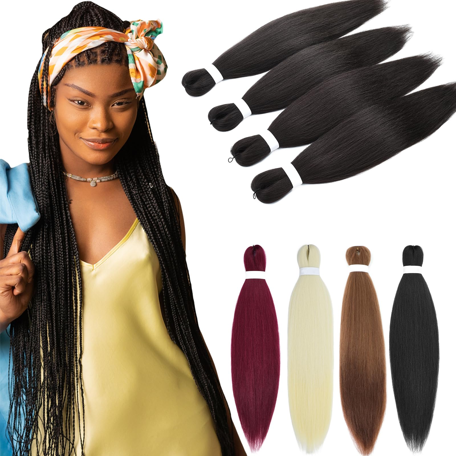 Yamel Pre Stretched Braiding Hair Natural Brown Long 24 inch 4 Bundles Yaki Easy Braids Synthetic Braid Hair Extensions for Braiding