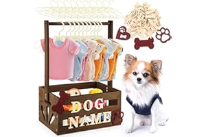 Teenyyou 20" x 13" x 9" Wooden Dog Closet Pet Wardrobe Crate Box with Hanging Rods and Personalized Alphabet Letters Easy Assembly Baskets for Dog Cat Toys Clothes Accessories(Dark Walnut)