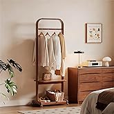 DONGMUWUJEE Solid Wood Clothing Racks with Shelves, Rolling Clothes Rack for Hanging Clothes Load 300 LBS, Portable Garment Rack with Wheels for Small Space (Walnut)