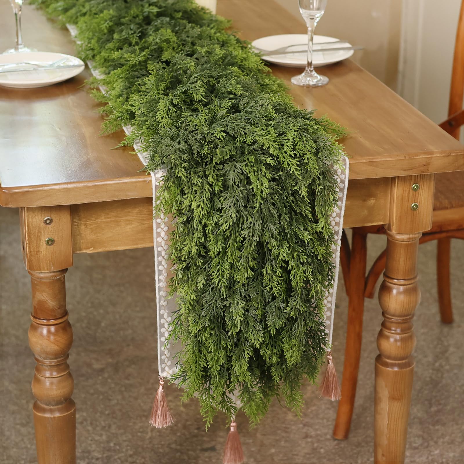 Photo 1 of 9FT Real Touch Cedar Garland - Artificial Christmas Garland Fake Green Faux Thick and Lush Pine Needles Garlands for Table Fireplace Mantle Holiday Home Indoor Outdoor Decor (2PCS)