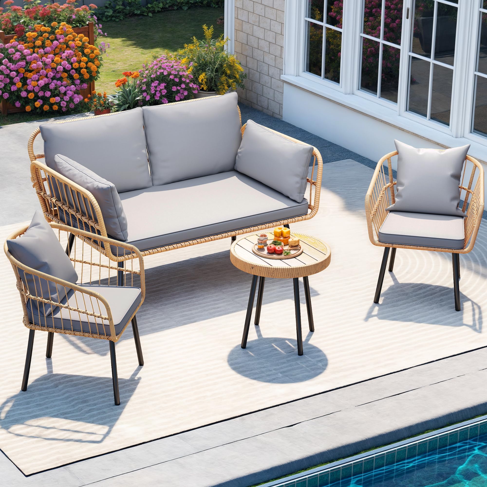 Photo 1 of (as sold, for parts unkown pieces_)DWVO Patio Furniture Set 4 Pieces Boho Wicker Bistro Set, All Weather Outdoor Rattan Conversation Set with Loveseat Chairs Table Soft Cushions for Backyard, Pool, Garden - Grey