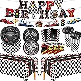 195pcs Race Car Birthday Decorations Party Plates Napkins All-in-1 Cars Tableware Set Racing Themed Paper Cups Banner Tablecloth for Race Car Party Supplies Serves 24