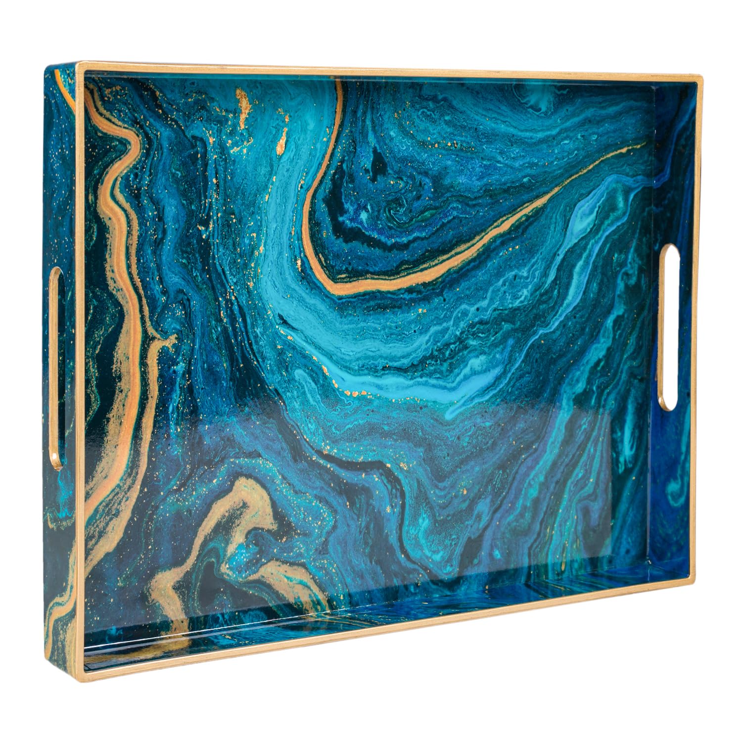 Photo 1 of MAONAME Plastic Decorative Tray, Marbling Tray with Handles, Rectangular Coffee Table Trays, Blue Serving Trays for Ottoman, Bathroom, 15.7” x 11.8”