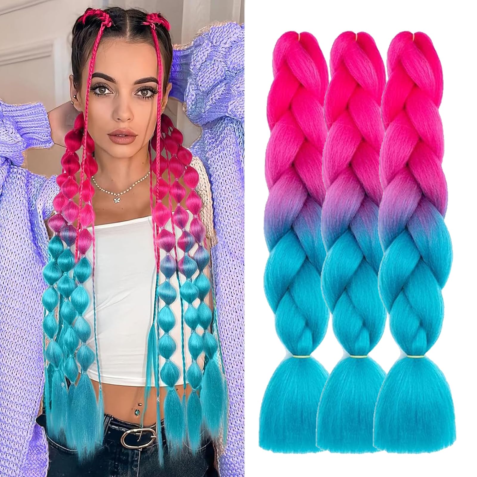 FANWYFYU Jumbo Braiding Hair Extension Colourful Xpression Pre Stretched 3 Packs 24inch Braiding Hair Heat Resistant Synthetic African Box Braids Crochet Twist Rainbow hair (Peach red-Navy blue)