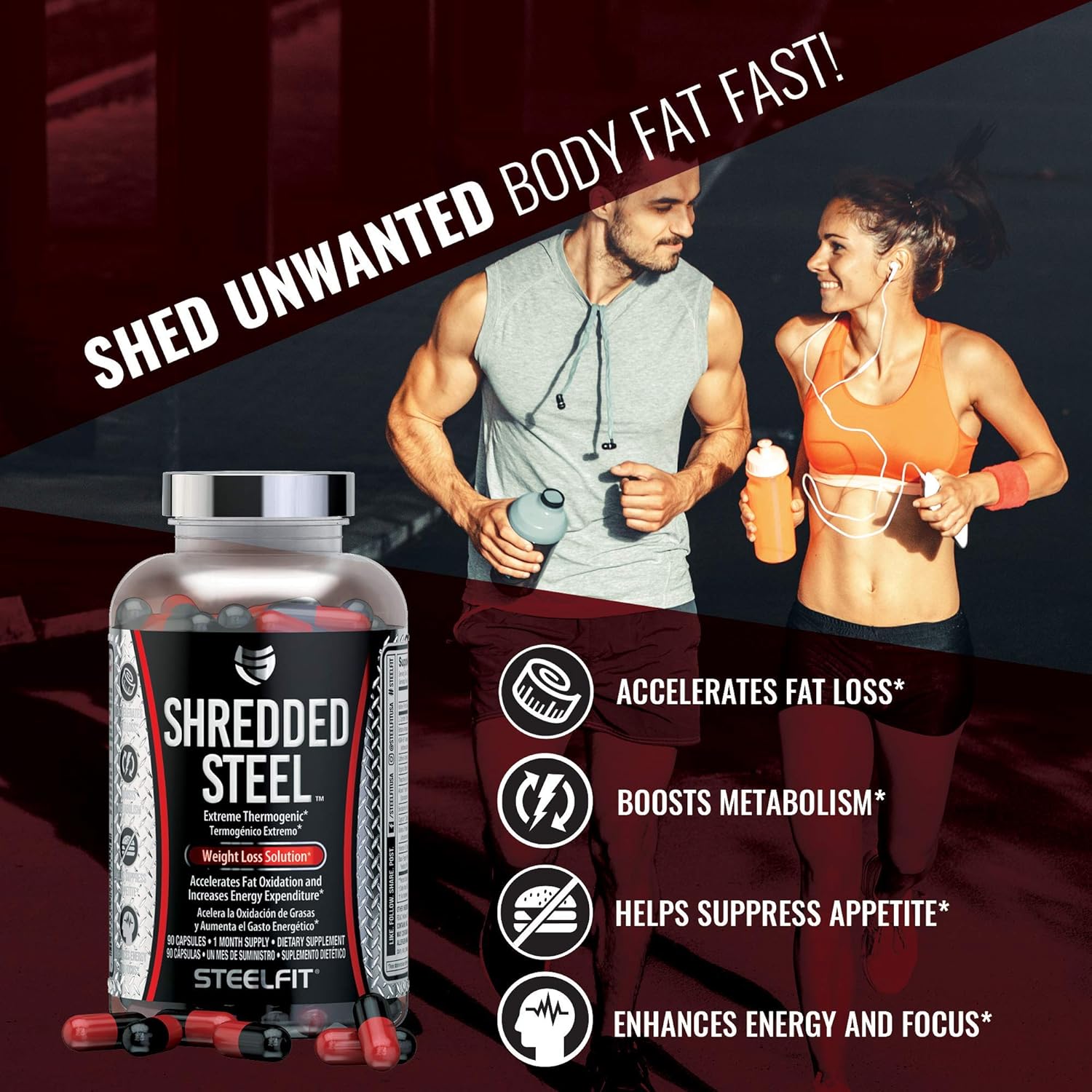 SteelFit Shredded Steel - Extreme Weight Loss Supplement - Thermogenic - Fat Loss - Energy - Boost Metabolism - Appetite Suppressant - Yohimbine - Teacrine - Paradoxine - 90 Count, 1 Month Supply: Health & Personal Care