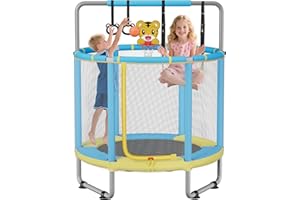 HOMECARE 55" Trampoline for Kids, 440lbs Capacity ASTM-Approved Mini Toddler Trampoline with Safety Enclosure Net,4 in 1 Adjustable Gymnastics Bar & Toys, Indoor & Outdoor
