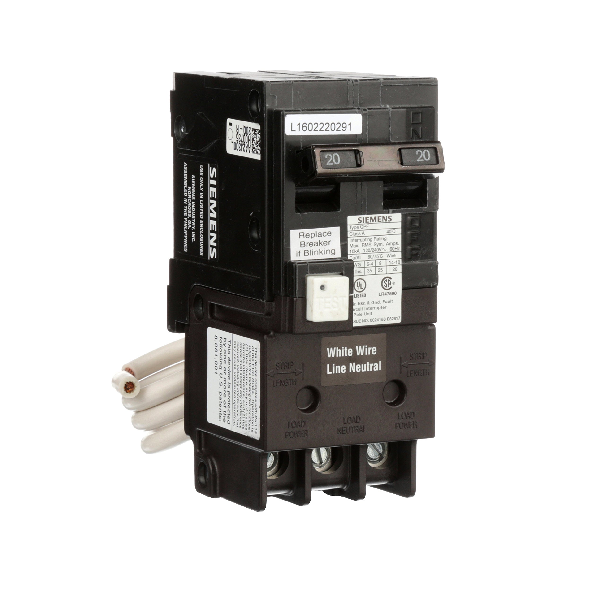 Siemens QF220A Ground Fault Circuit Interrupter, 20 Amp, 2 Pole, 120V