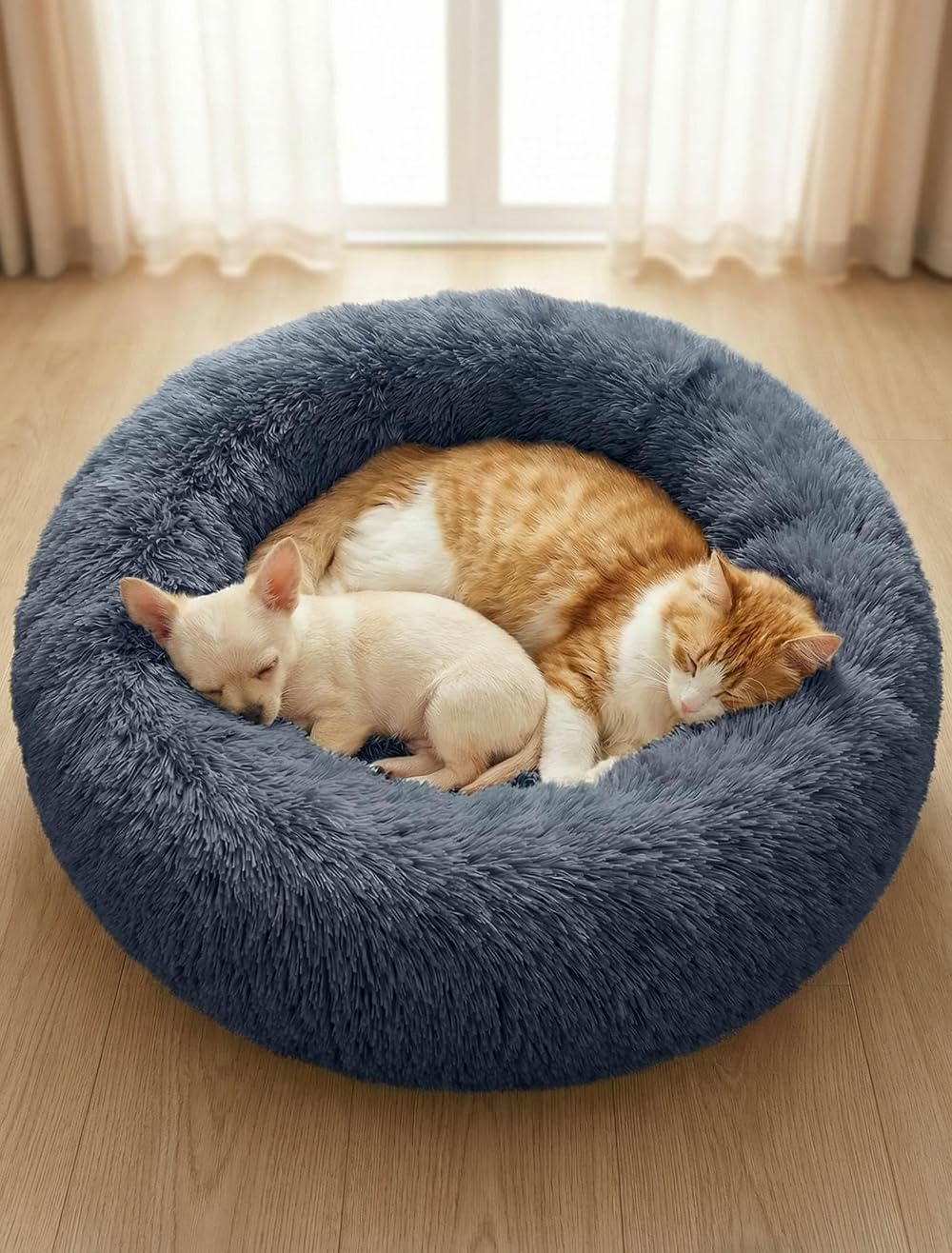OKPOW Donut Dog Bed 50cm Calming Round Puppy Cat Pet Bed Non Slip Bottom