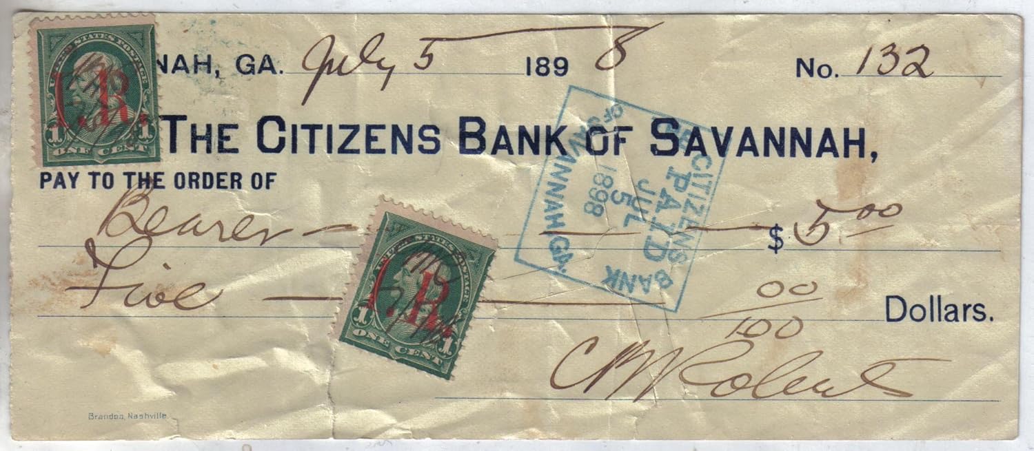 Amazon Com The Citizens Bank Of Savannah 1898 Counter Check W 2ea 0 01 Stamps Toys Games