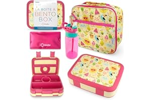KINSHO Bento Lunch Box with Insulated Bag, Water Bottle Ice Pack Set for Kids Toddlers, 5 Portion Sections, BPA Free Removable Tray, Pre-School Kid Toddler Daycare Lunches, Snack Container, Summer Set