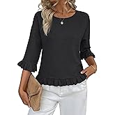 siliteelon Womens 3/4 Sleeve Tops Summer Tshirts Ruffle Flowy Crew Neck Dressy Casual Blouses 2026 Trendy Cute Work Outfits