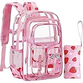 Unineovo Clear Backpack for Kids, Strawberry Backpack for Girls, Water-Resistant See Through Bookbag with Chest Strap for Preschool Kindergarten College Travel Stadium Work Concert