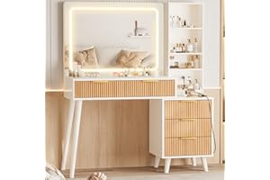 INNOD 44" Vanity Desk with Mirror and Lights, Makeup Vanity Desk with Power Outlet, Makeup Desk with 5 Drawers&Storage Shelves, Vanity Table 3 Color Adjustable Brightness Dressing Table Set for Bedroom