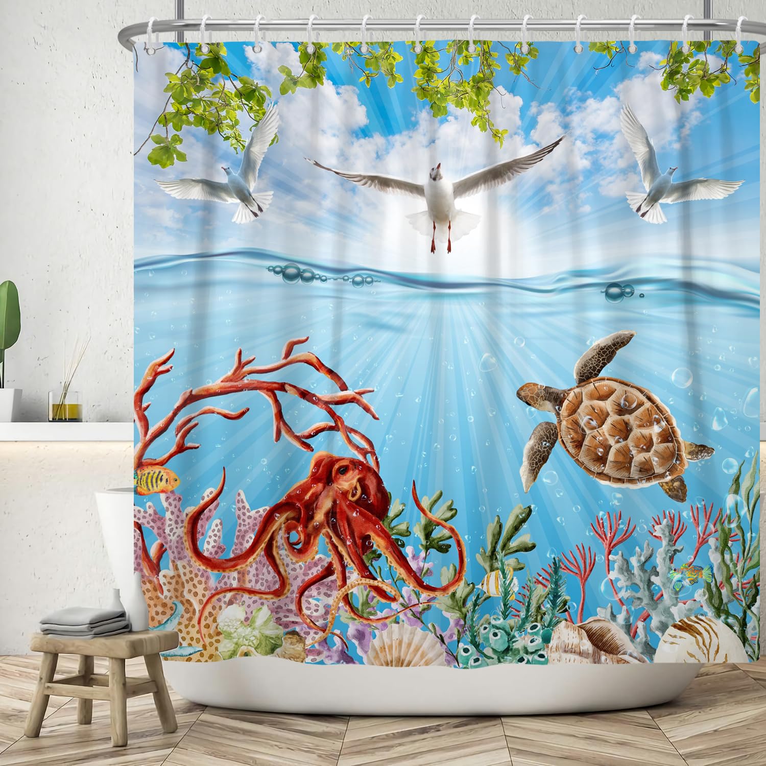ASDCXZ Ocean Shower Curtain 180x180 cm, Blue Ocean Marine Organisms Turtle Octopus Seagull Leaves Bath Washable Shower Curtains Polyester Textile Waterproof Bath Curtain for Bathtub with 12 Hooks — image 1
