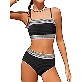 DONWEN Girls Swimsuits V Neck Bikini Set Textured High Waist Girl Two Piece Bathing Suit