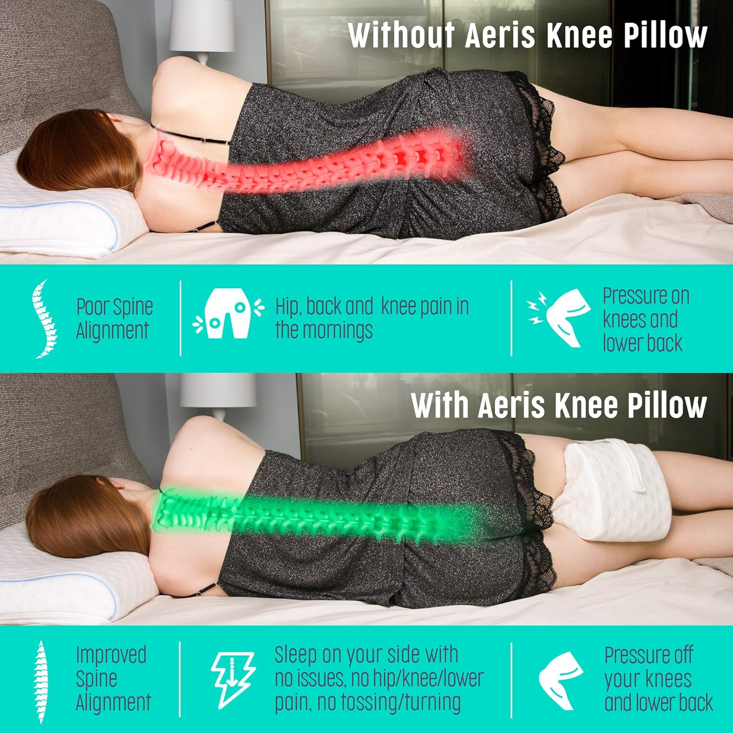 AERIS Knee Pillow for Side Sleepers -%100 Memory Foam Leg Pillow for Sleeping - Helps with Back & Hip Pain, Sciatica Pain Relief, Restless Leg Syndrome, Scoliosis - Great Between Legs When Sleeping: Home & Kitchen