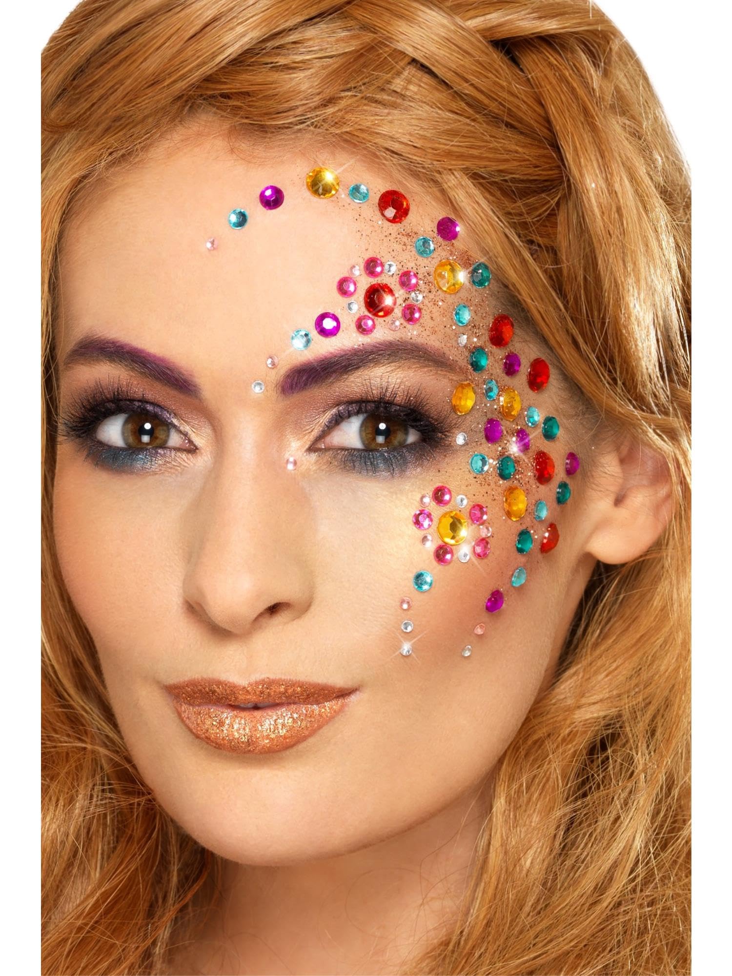 Smiffys Make-Up FX, Rainbow Jewel Face Gems, Multi Sheet of 100 Assorted, Self Adhesive, Cosmetics and Disguises Fancy Dress, Adult Dress Up Cosmetics & Disguises.
