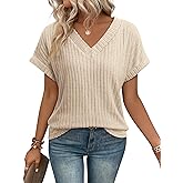 ATHMILE Womens Tops Summer Sweaters V Neck Short Sleeve Shirts Fashion Dressy Casual Business Tunic Blouses