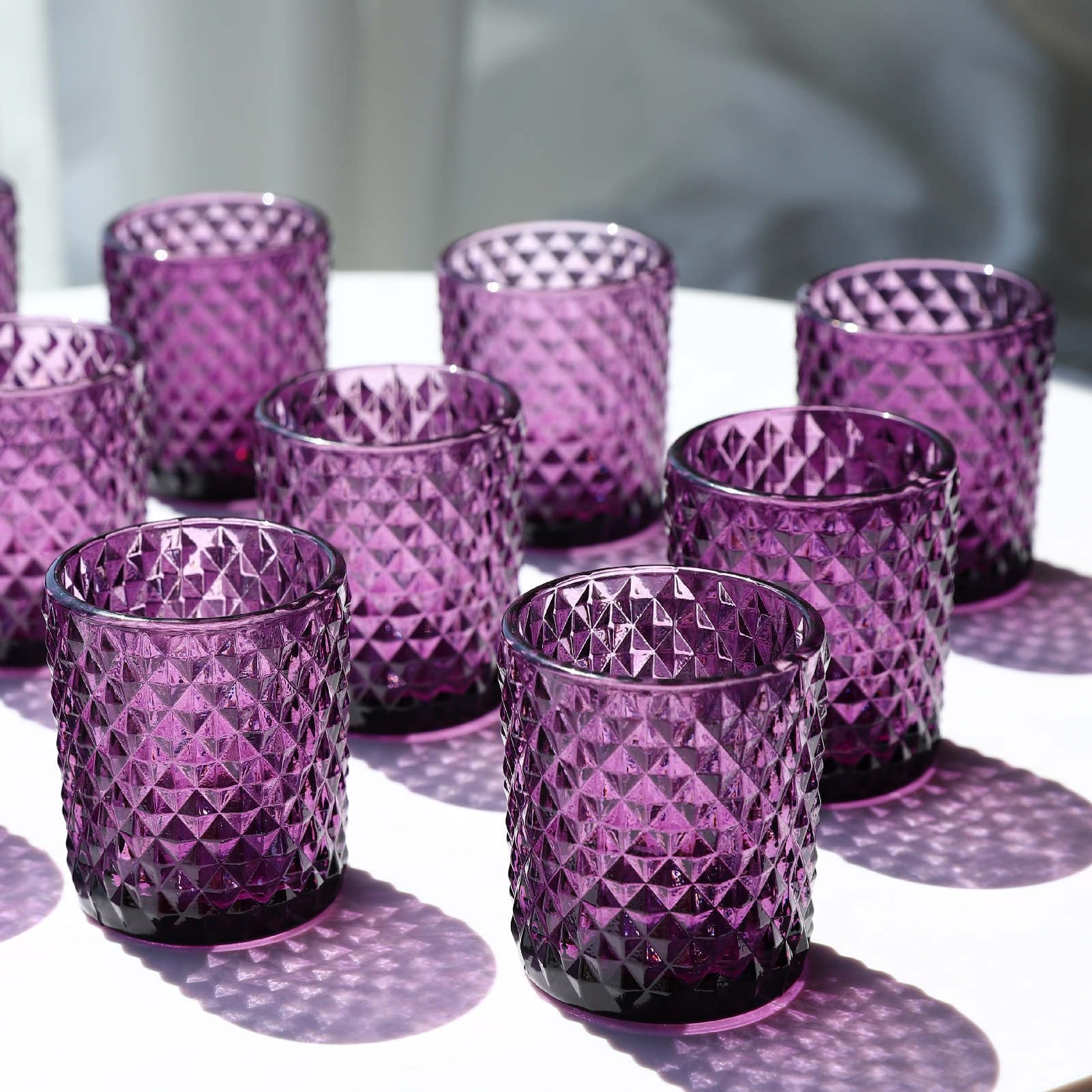 Woho 12pcs Purple Votive Candle Holders, Glass Tealight Candle Holder for Vintage Halloween Party Decor, Tea Lights Candle Holder for Wedding Engagement Table Centerpiece
