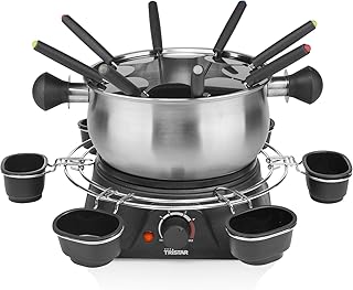 Tristar Fondue-Set für bis zu 8 Personen, 1,3 Liter Fassungsvermögen, inklusive Edelstahlgabeln und Saucenring, 1400 Watt, FO-1109, Silber, Schwarz