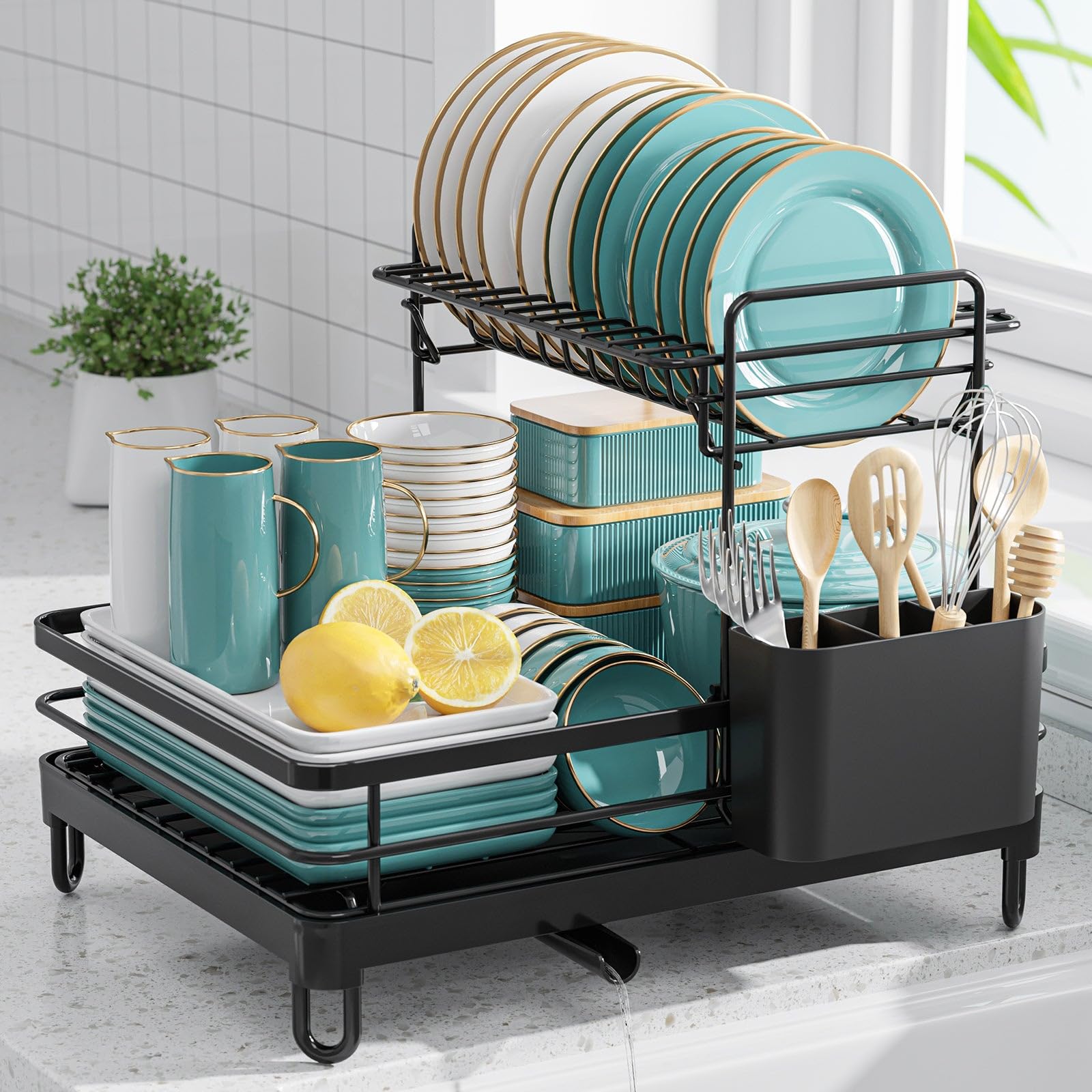 Sakugi Dish Drying Rack - X-Large Stainless Steel Dish Rack for Kitchen Counter, 2-Tier Kitchen Organizers and Storage for Dishes, Bowls, Cutlery, Black Image Sakugi Dish Drying Rack - X-Large Stainless Steel Dish Rack for Kitchen Counter, 2-Tier Kitchen Organizers and Storage for Dishes, Bowls, Cutlery, Black Image