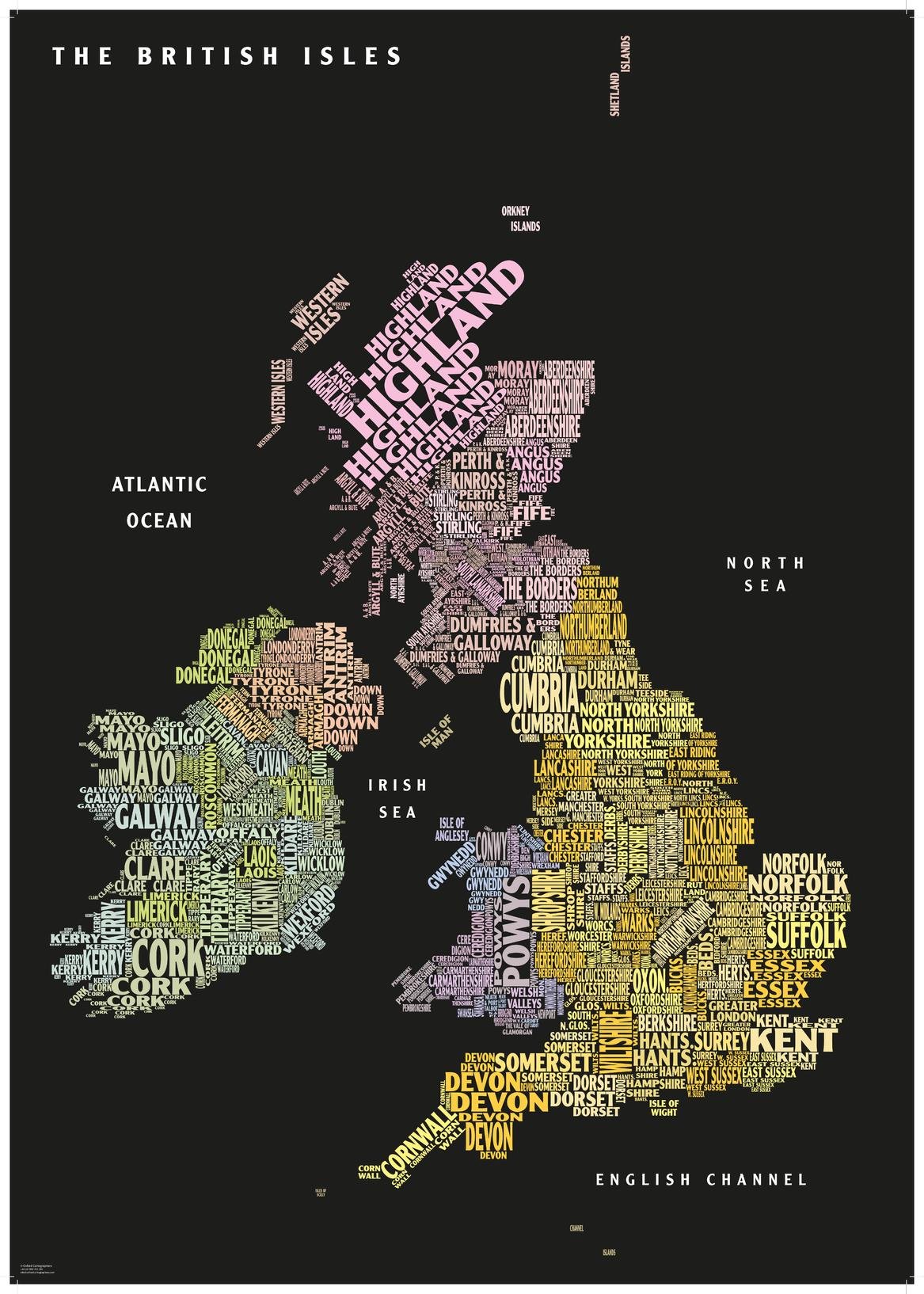 Graphic Map UK - counties, black background - 23.5" x 33.25" Laminated