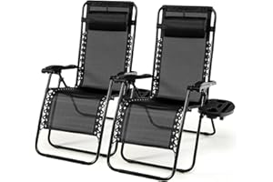 HAPPYGRILL 2pcs Chairs Set, Relaxing Lounge Patio Folding Recliner Outdoor Yard Beach with Cup Holder, Black