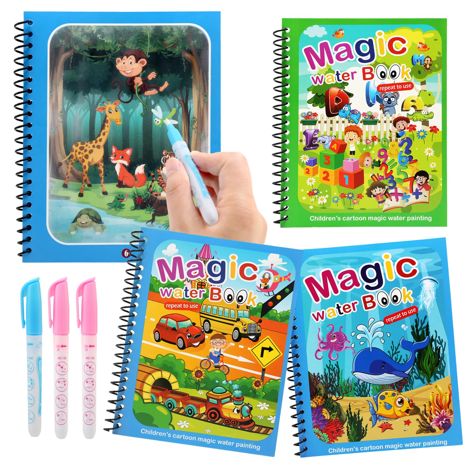 JoyPlus Water Magic Colouring Book, 4 Pack Reusable Water Painting Books with 4 Water Pen, Magic Coloring Books, Magic Painting Book for Toddler Educational Toy