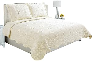 Marina Decoration Embroidered Stitching Coverlet Bedspread Ultra Soft Solid 3 Piece Summer Quilt Set with 2 Quilted Shams, Cr