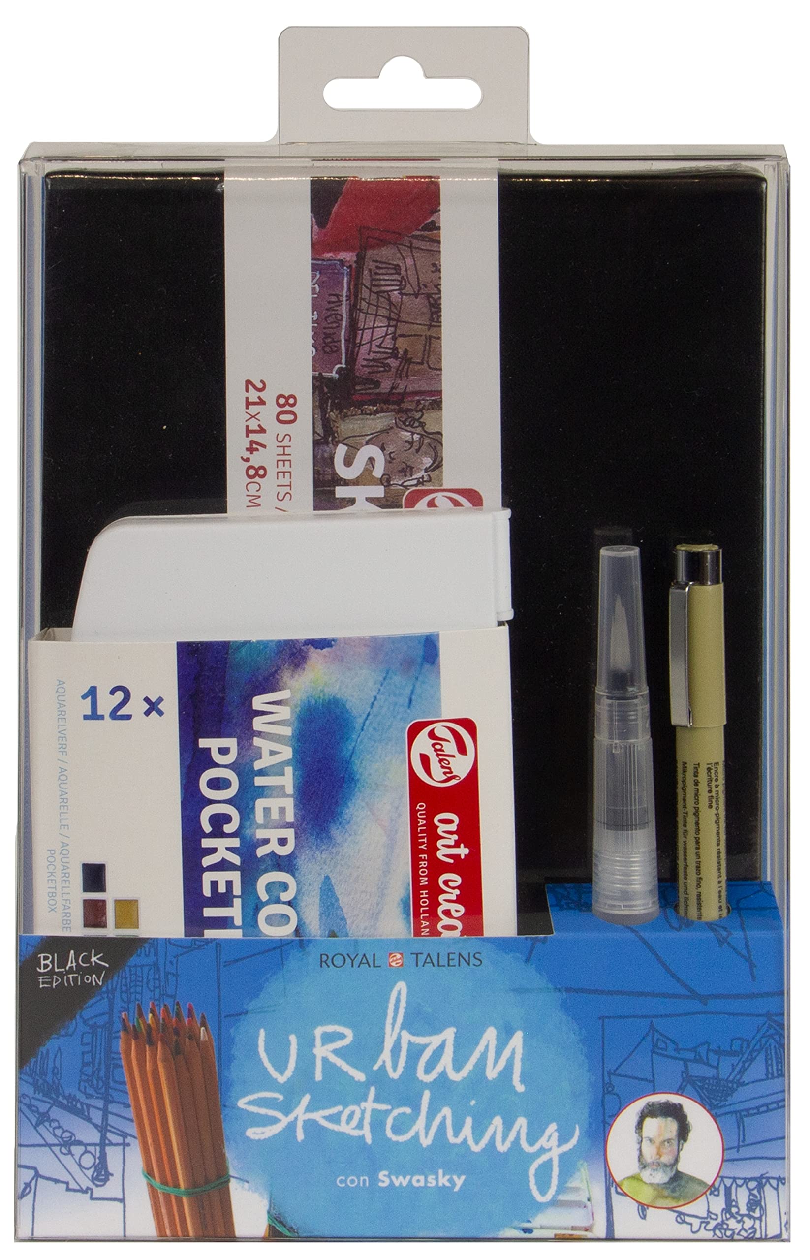 Talens Art Creation Urban Sketching Set (Black) with Swasky, Box of 12 Watercolors in Pills, Waterbrush, Point, Sketchbook, Step by Step Manual