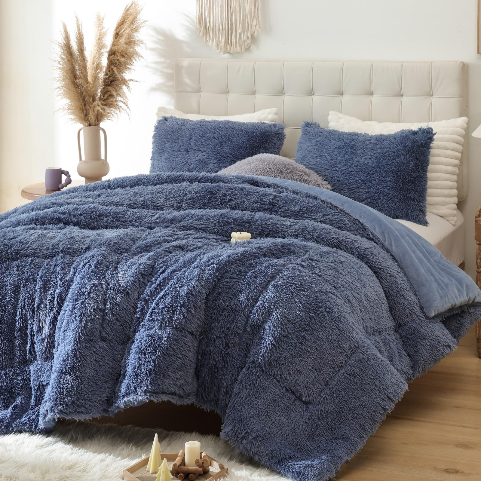 Smoofy Fluffy Full Size Comforter Set, Faux Fur Comforter Set, Luxury Fuzzy Bedding Set, Soft Shaggy Full Bed Set for All Season, 3 Pieces - 1 Comforter & 2 Pillowcases, Infinite Blue