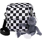 ReignSword Mini Crossbody Messenger Bag for Women Men, Cute Nylon Shoulder Purse Bag with Detachable Frog Pendant, Checkered