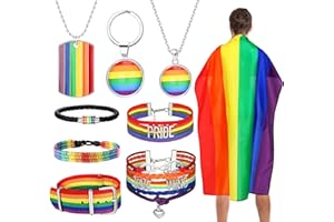 Sanfenly LGBTQ Accessories Pride Flag, Pride Braided Bracelet, Rainbow Striped Necklace and Pride Keychain Rainbow Pride Jewelry Set Gay Pride Stuff for Gay Lesbian Gift Outdoor Parade