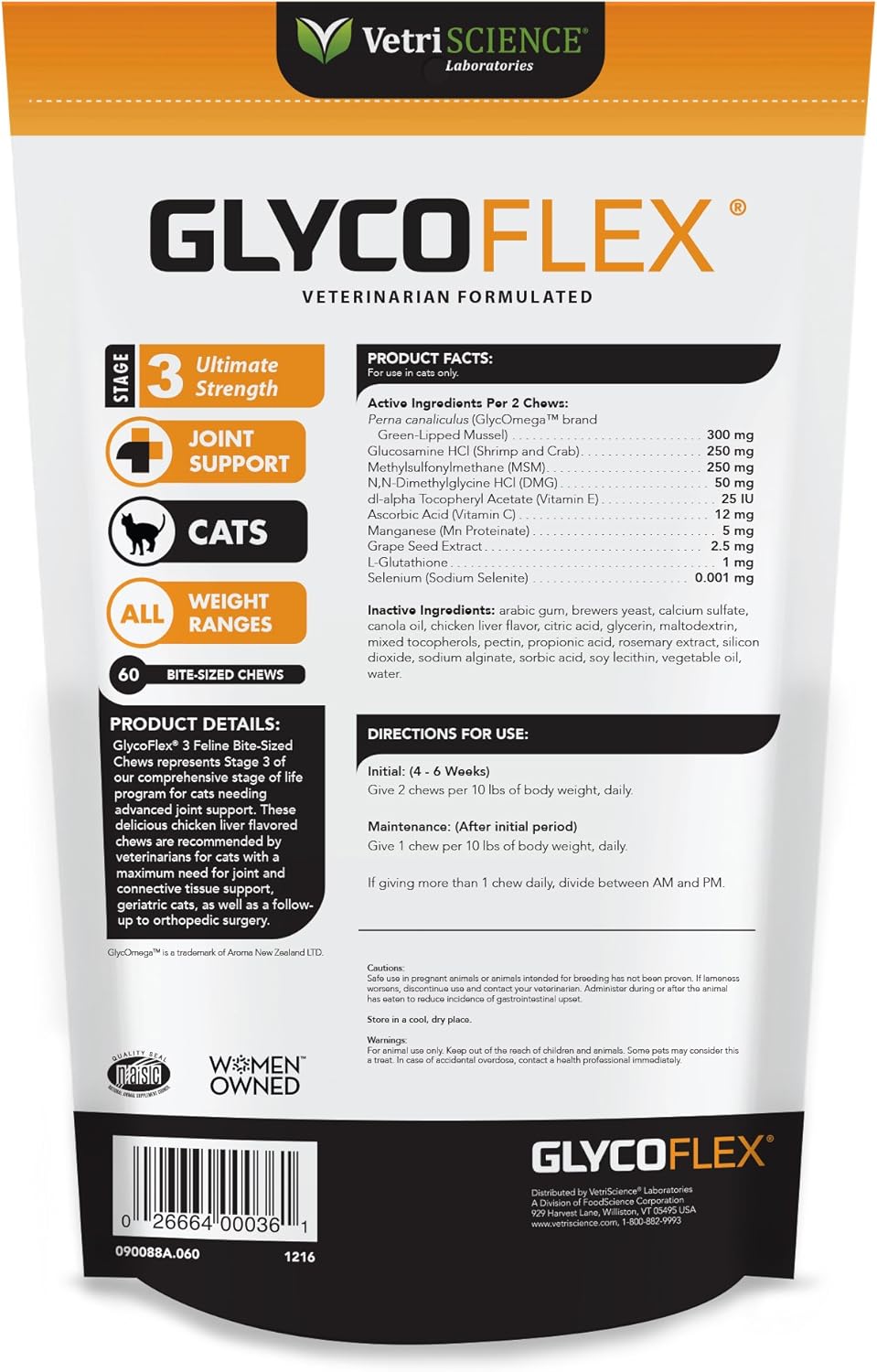 VetriScience Laboratories - GlycoFlex 3, Hip and Joint Supplement for Cats, 60 Bite Sized Chews : Pet Bone And Joint Supplements : Pet Supplies