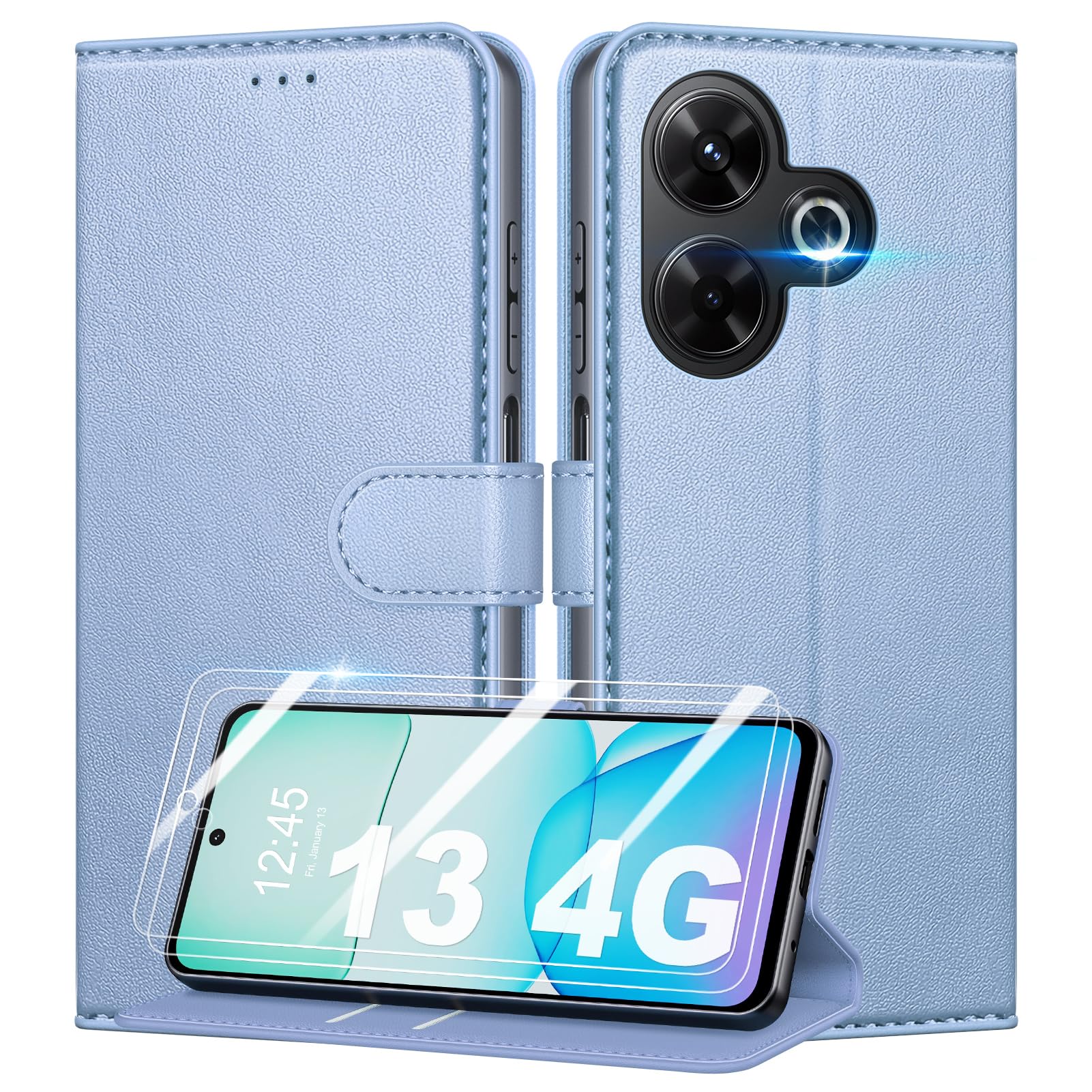 Mofurd Case for Xiaomi Redmi 13 4G / Poco M6 4G + Tempered Glass Screen Protector * 2, [RFID Blockage] Premium PU Leather Flip Case Wallet Phone Cover Protector [Card Slots] [Kickstand], Purple