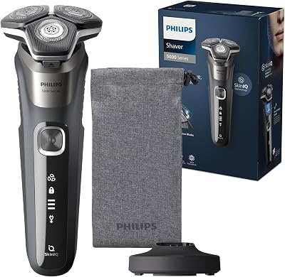 Serie 5000 Afeitadora Eléctrica Hombre, Máquina de Afeitar Barba con Recortadora, 45 cuchillas, Cuida la piel, 60min de uso, En Seco y Húmedo, Recargable, Base Carga, S5887/13, Gris