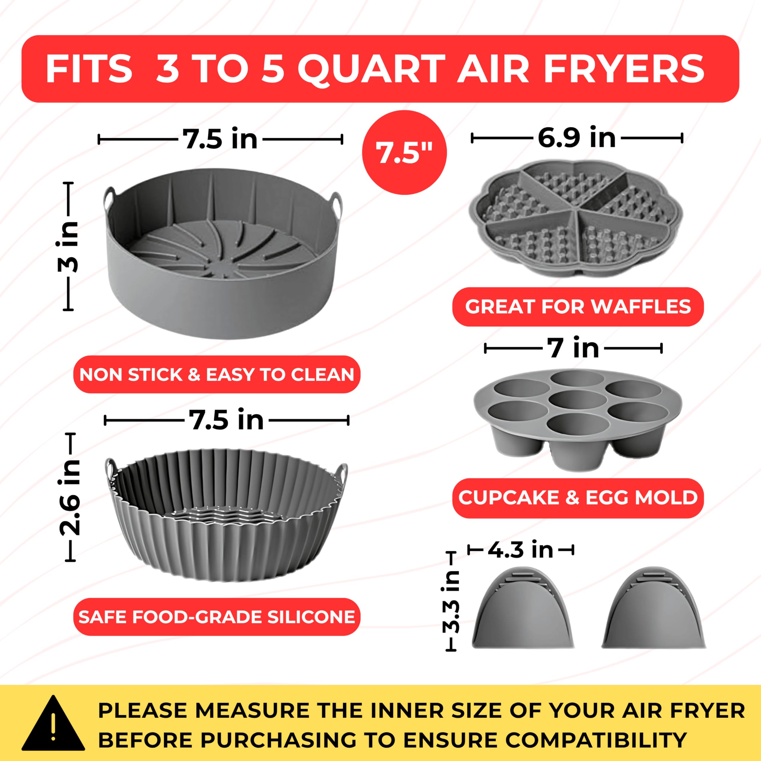 EM Silicone Air Fryer Liners Set of 5 – Reusable Air Fryer Liners Silicone with Egg Bite Mold, Oven Mitts – Fits 3–5 Qt Non-Stick, Food-Grade, Heat-Resistant