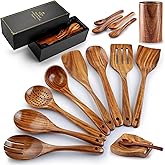 Zulay Kitchen 15-Piece Teak Wooden Utensils for Cooking - Natural Teak Utensil Set with Premium Gift Box - Non-Stick Wooden Spoons for Cooking - Kitchen Gift Set - Comfortable Grip Wooden Utensil Set