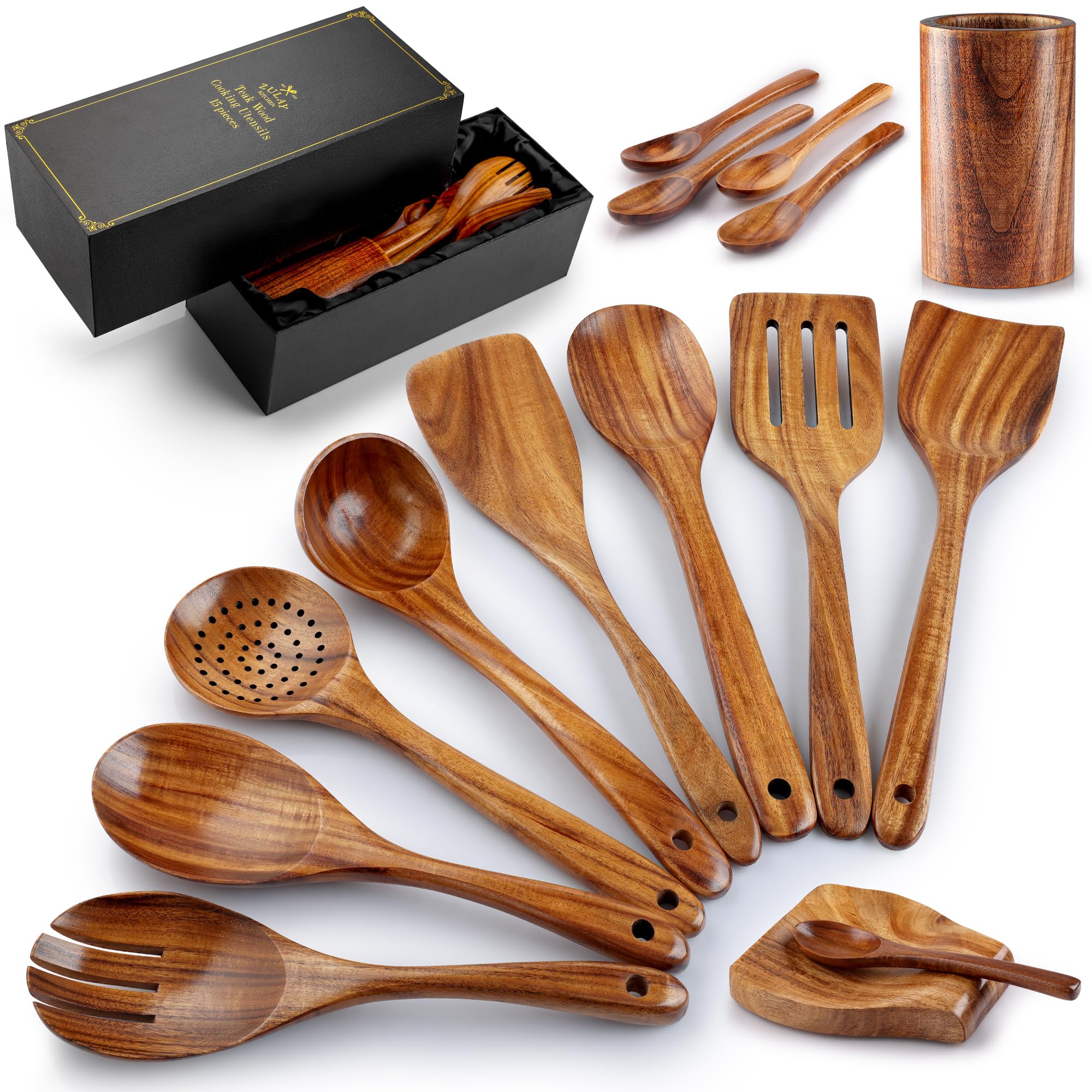 Zulay Kitchen 15-Piece Teak Wooden Utensils for Cooking - Natural Teak Utensil Set with Premium Gift Box - Non-Stick Wooden Spoons for Cooking - Kitchen Gift Set - Comfortable Grip Wooden Utensil Set Image